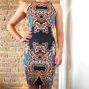 Clover Canyon S Bodycon Dress Blue Black Orange Scuba Sheath Sleeveless